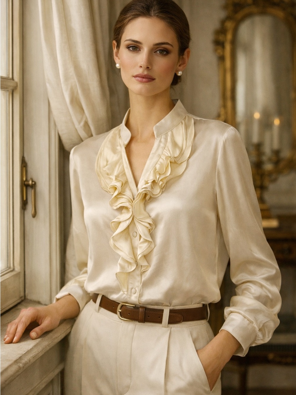 Anne Klein Cream Ruffle Silk Blouse Long Sleeve Large Women’s Classic Style